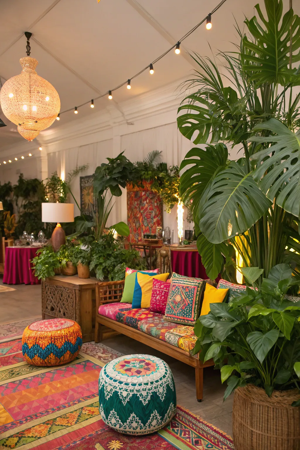 Lush plants complement and soften the room's vibrant decor.
