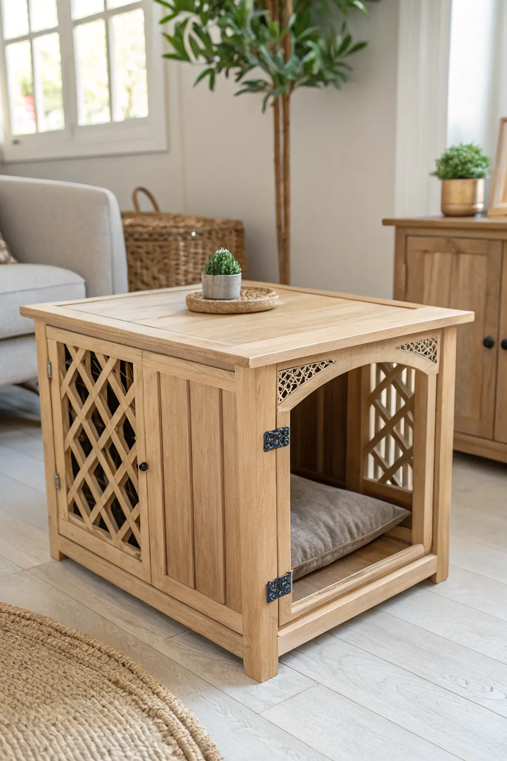 Charming and functional: A Scandinavian-inspired end table with a cozy nook for your furry friend.