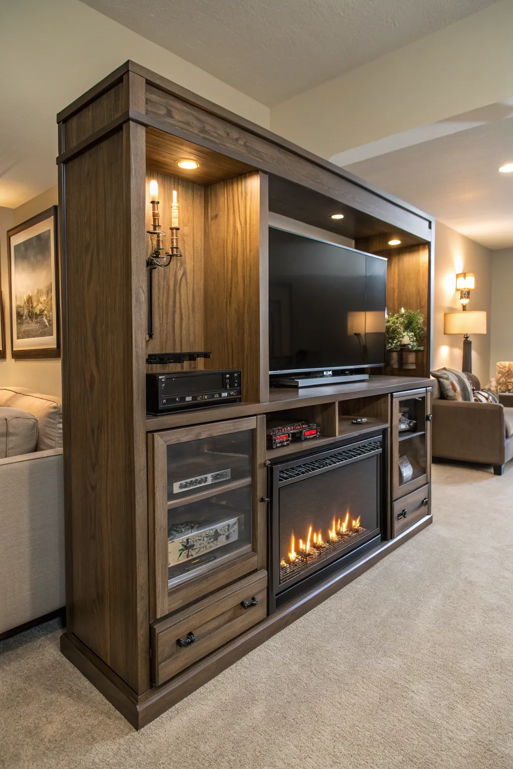 Hidden storage ensures a clutter-free, organized entertainment space.