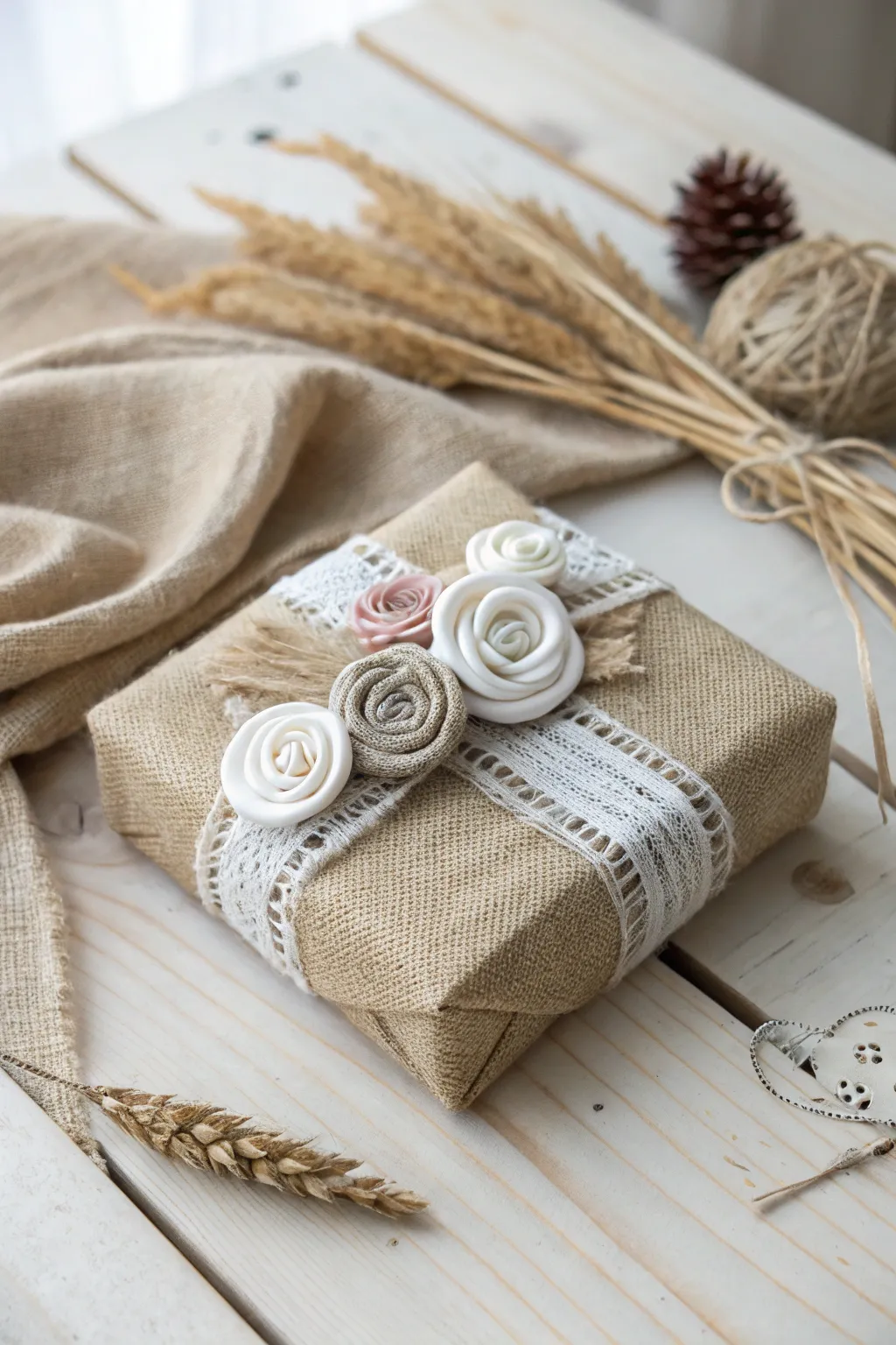 Elevate your gift-giving with the charm of handcrafted fabric rosettes on burlap wrapping.