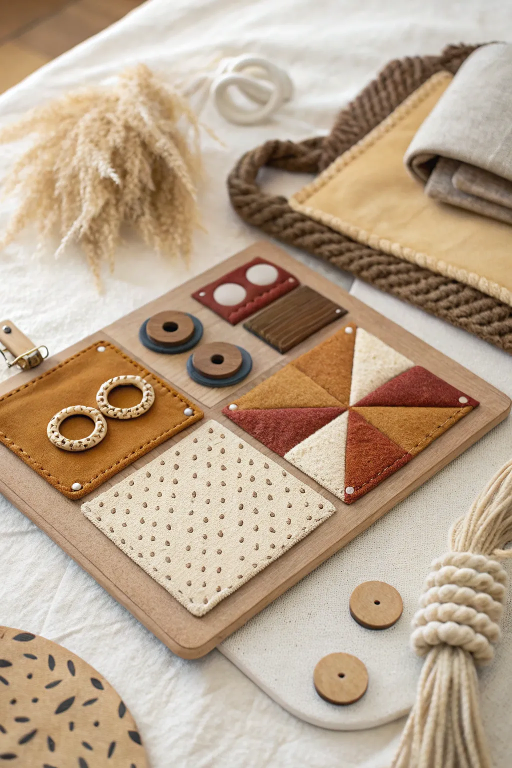 Explore a world of textures with this beautifully crafted sensory busy board, where minimalist design meets Boho charm.
