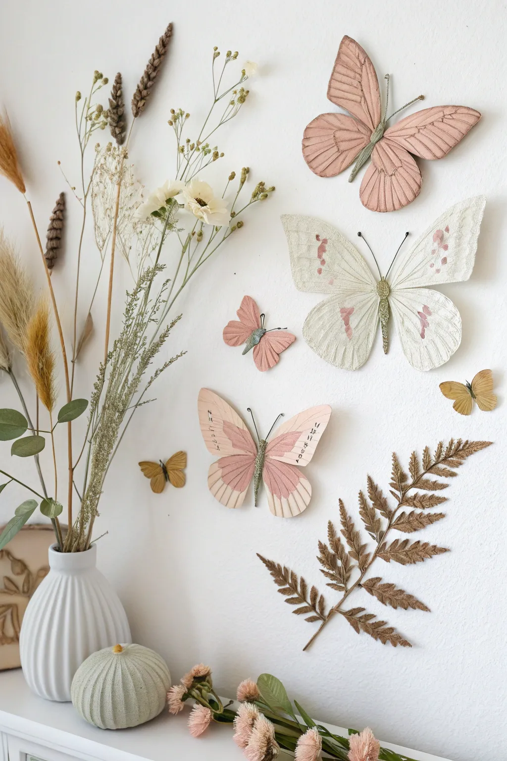 Transform your space with a serene touch of nature: A minimalist butterfly collage with pressed flowers.