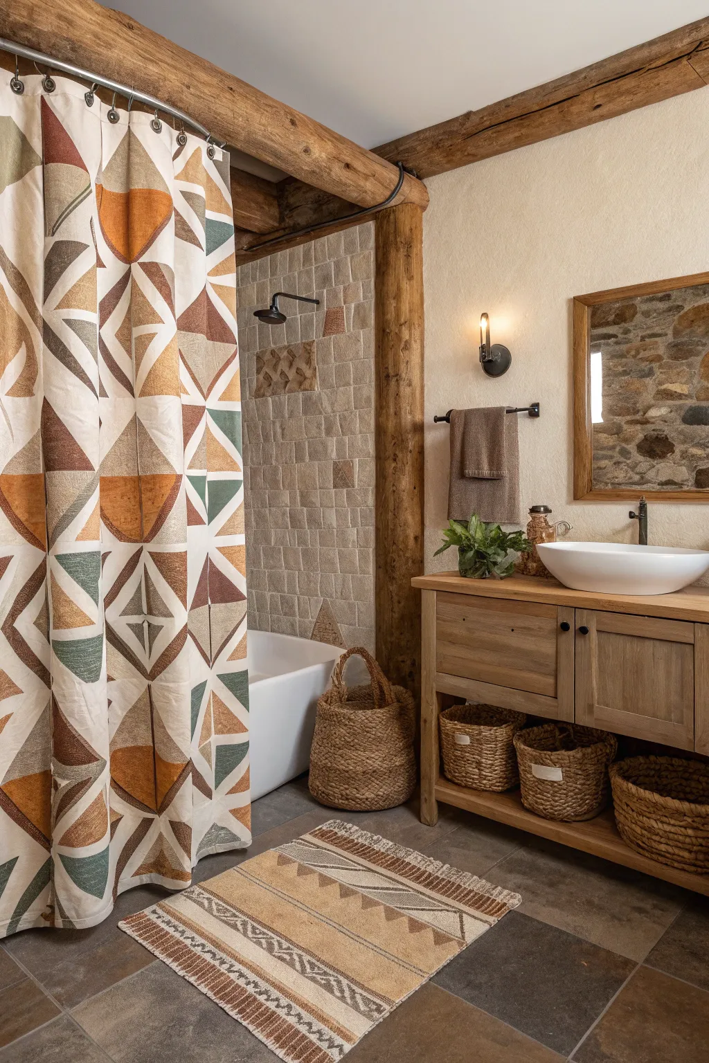 An earthy geometric patterned shower curtain for a modern touch.