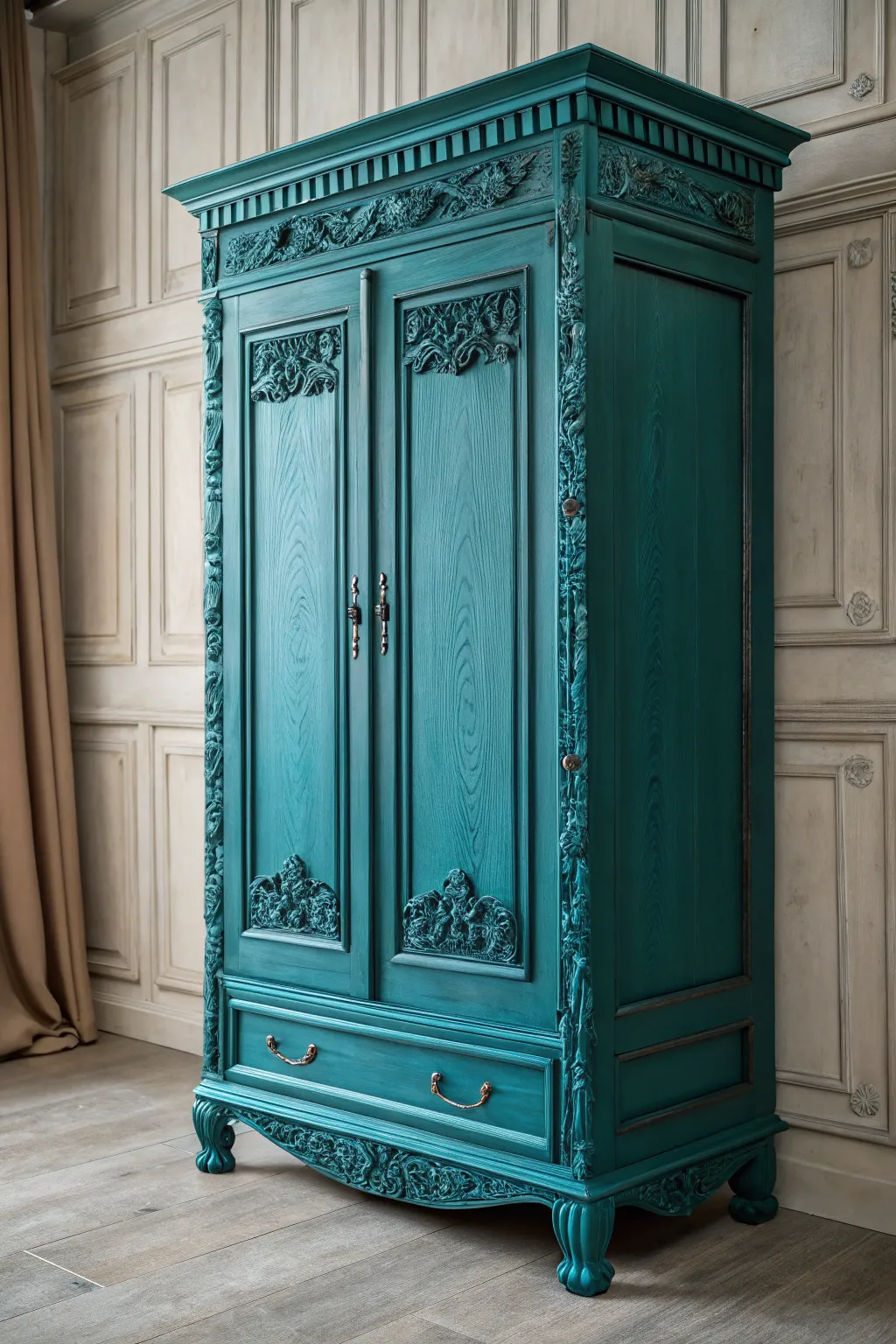 Elevate your space with the artistry of teal cabinetry—where craftsmanship meets bold elegance.