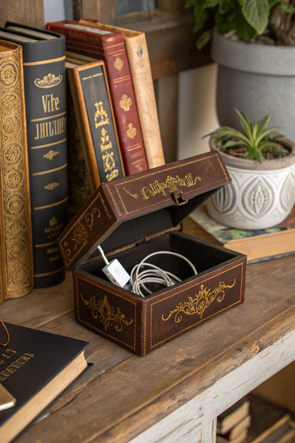 Master the art of disguise with this elegant faux book cable management solution.