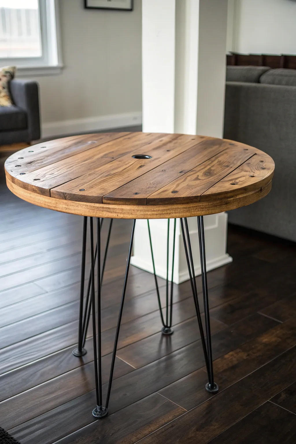 Elevate your space with this modern hairpin leg table, where rustic meets sleek sophistication.