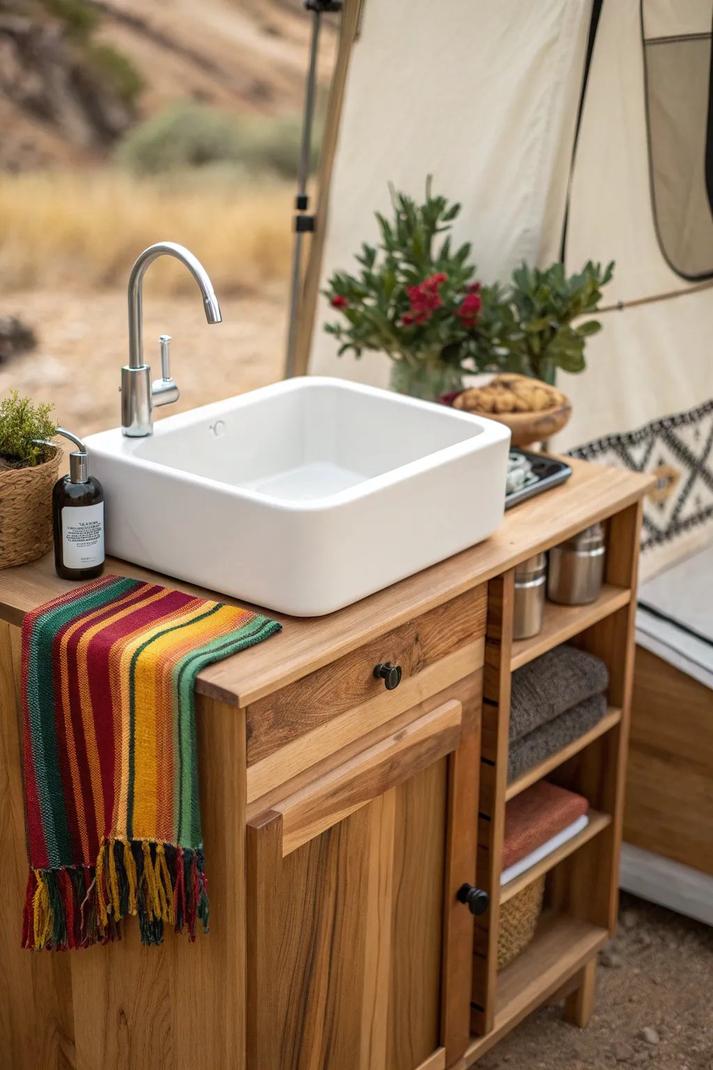 Upgrade your camping experience with this chic and functional integrated sink system. Simplicity meets elegance in the great outdoors!