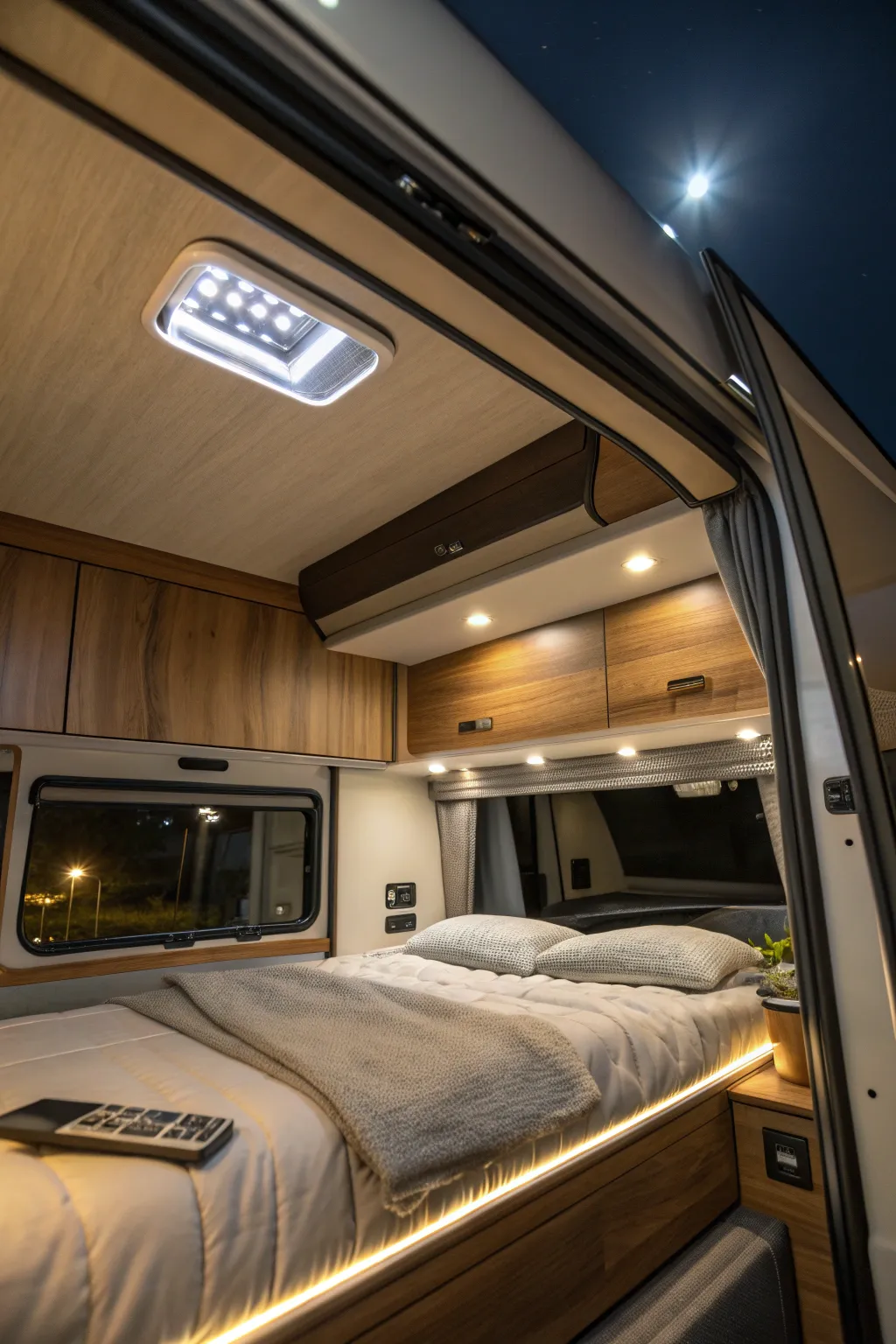 Experience ultimate comfort with remote-controlled lighting in your camper shell, where craftsmanship meets convenience.