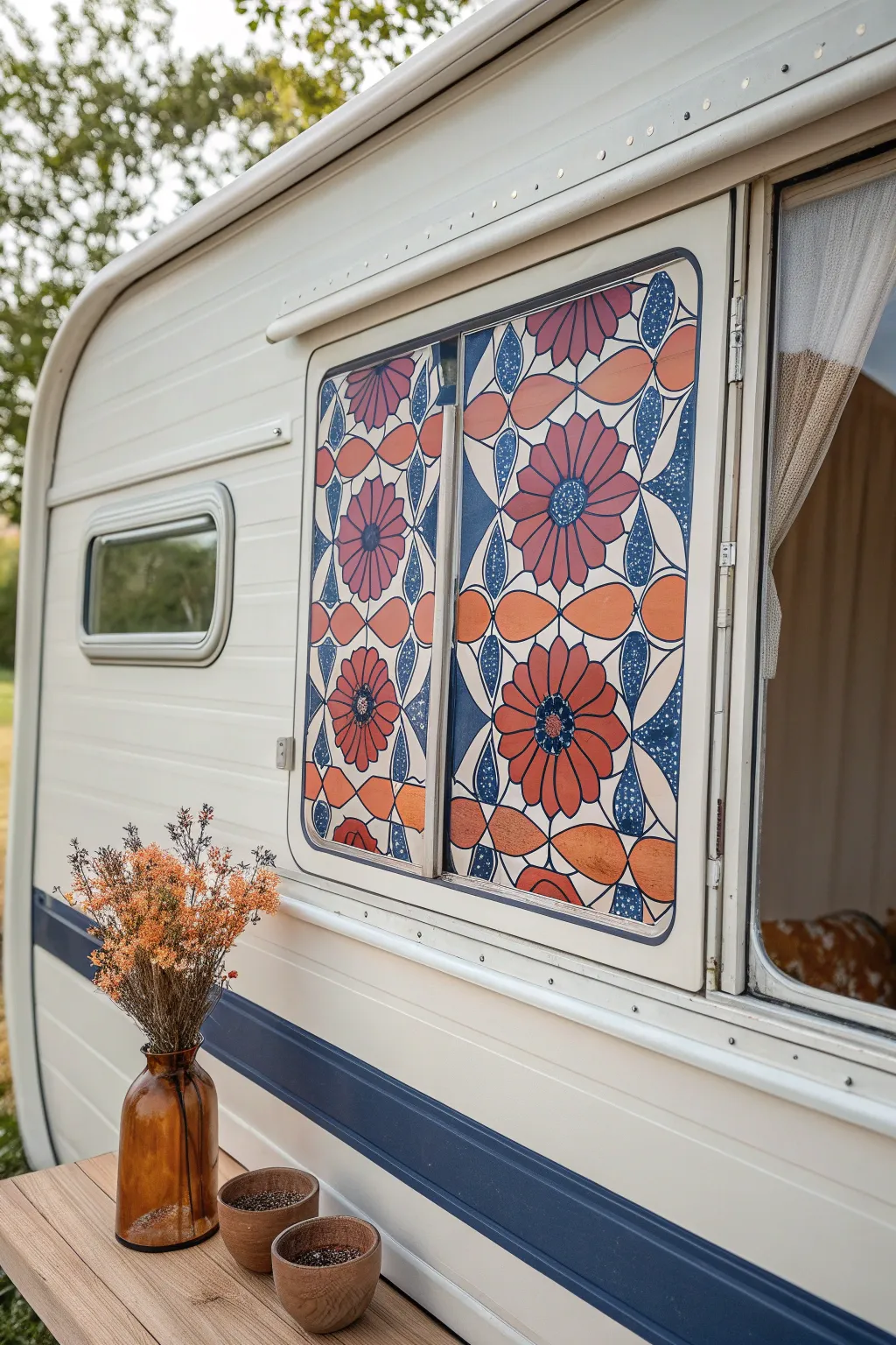 Transform your camper with artistic window films that offer both privacy and a splash of color. #CamperChic #WindowArt