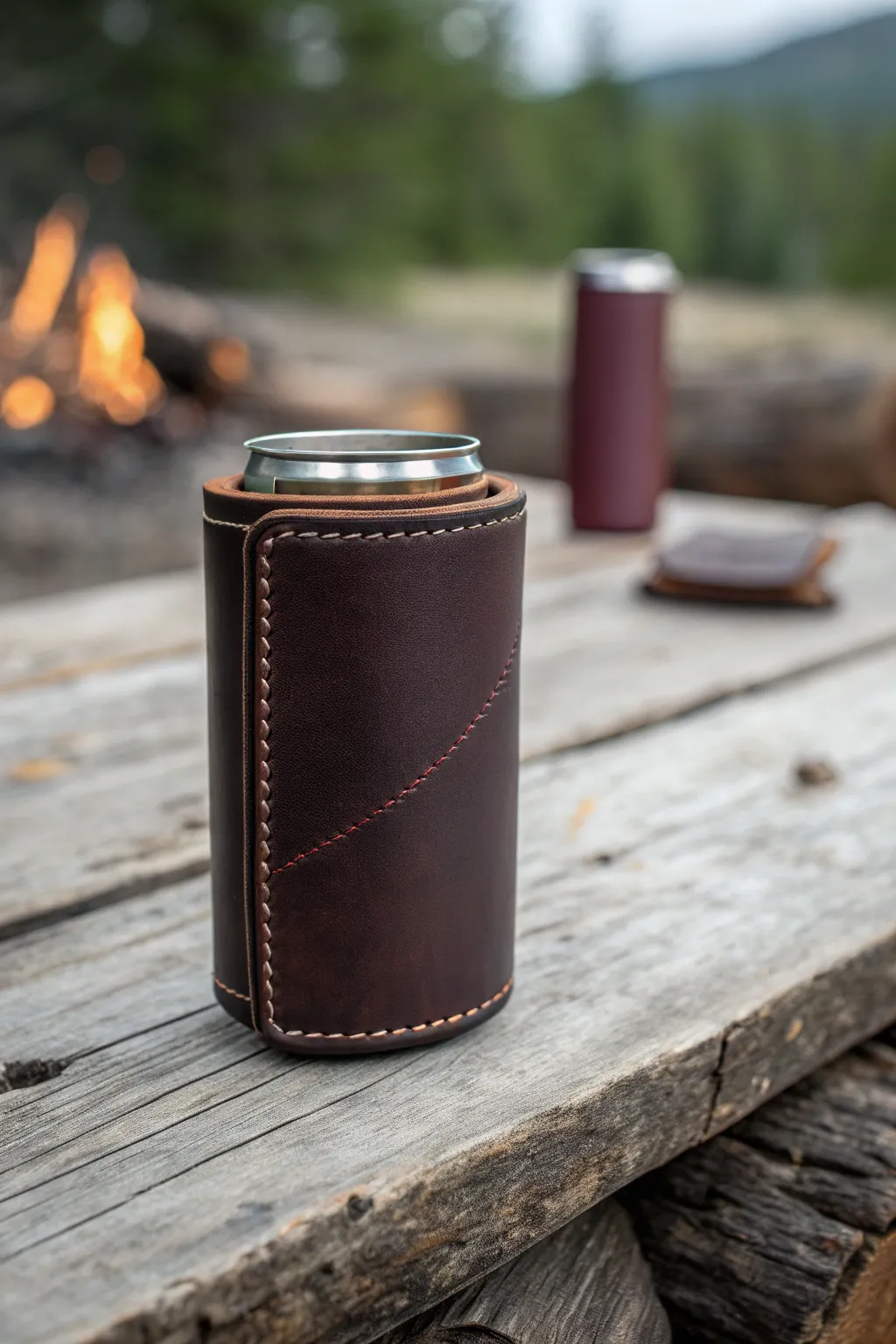 Elevate your camping experience with a touch of sophistication: the minimalist leather koozie.