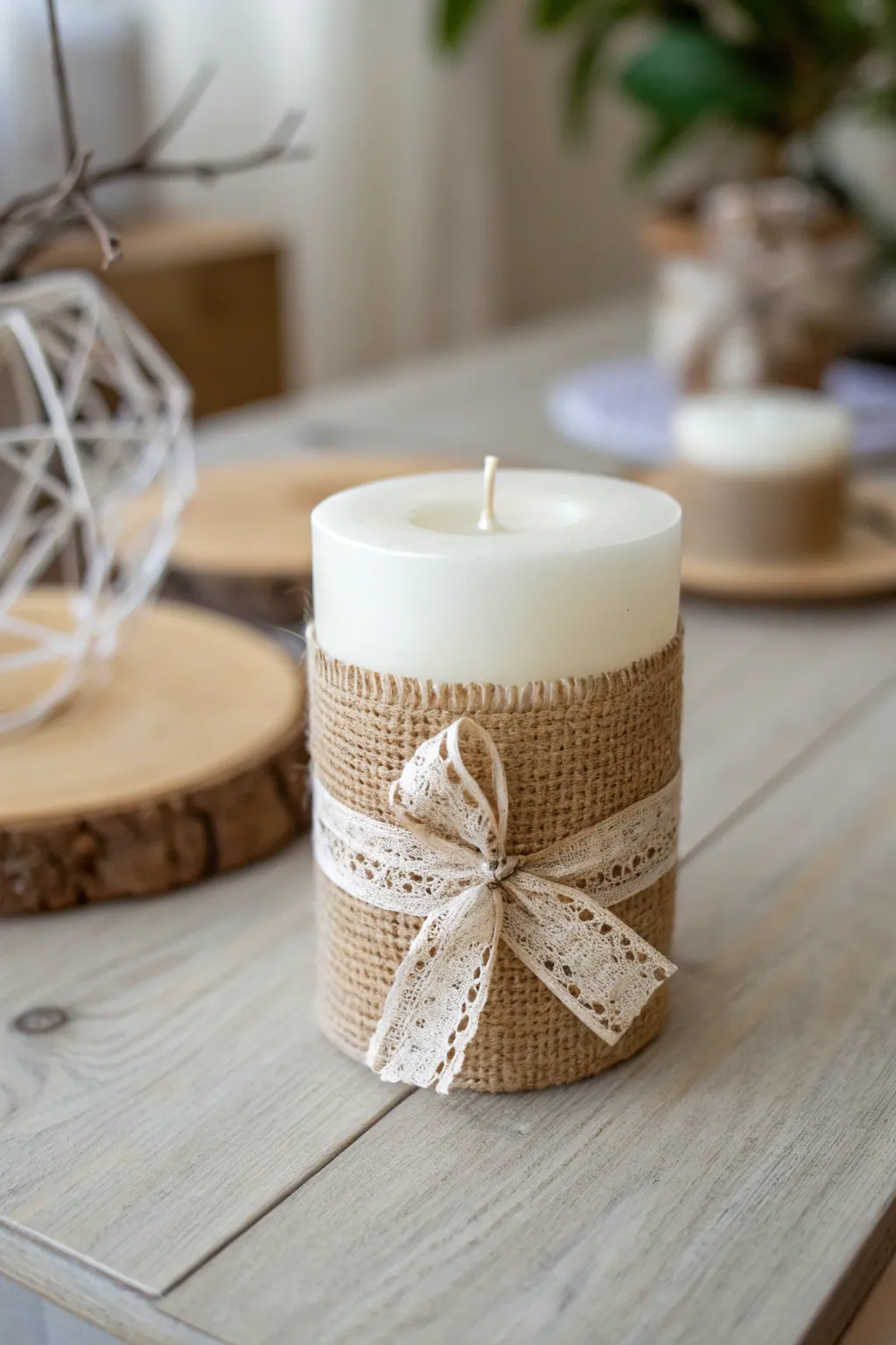 Add a rustic touch to your space with this charming burlap-wrapped candle.