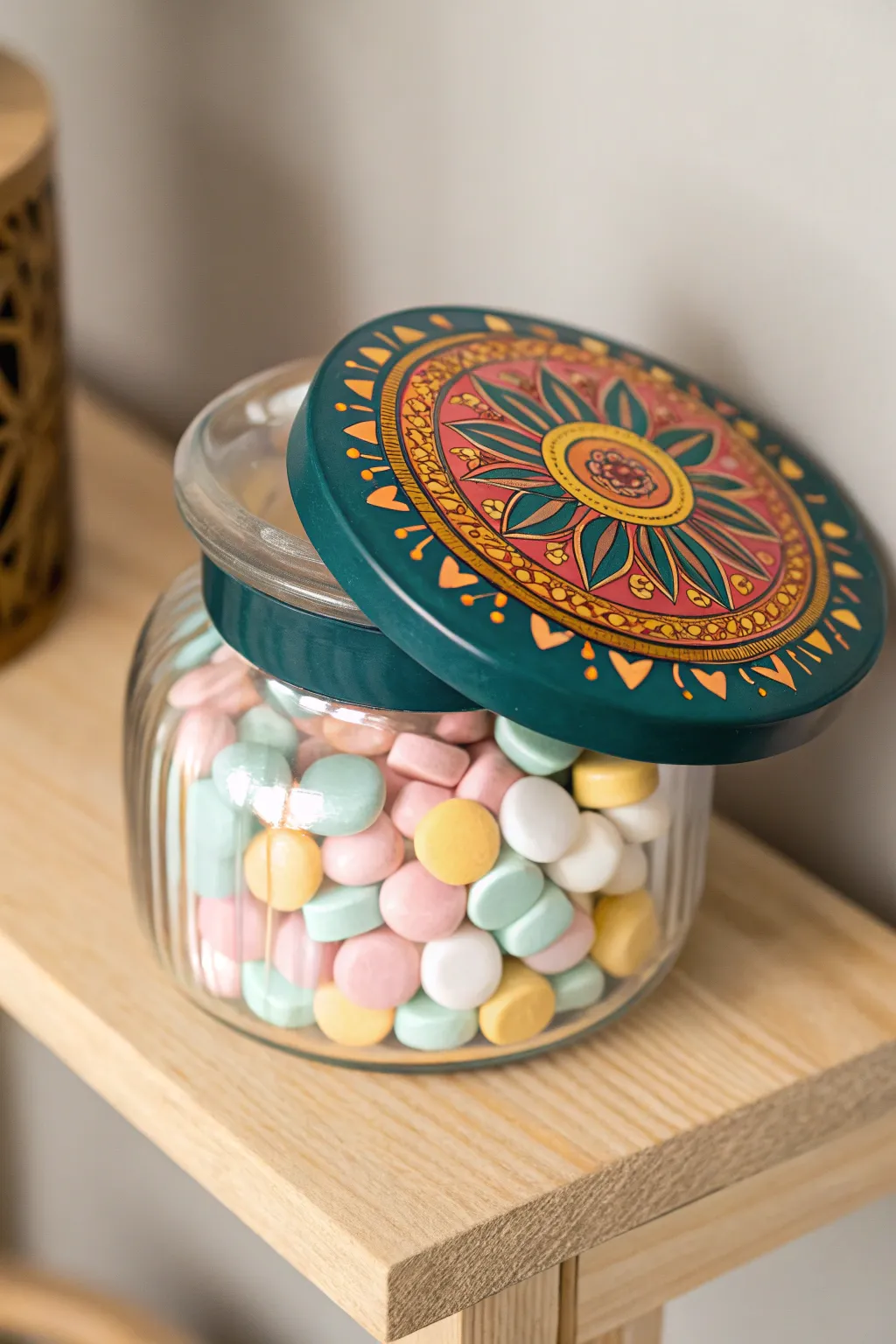 Elevate your decor with a pop of color: painted jar lids that showcase your unique style.