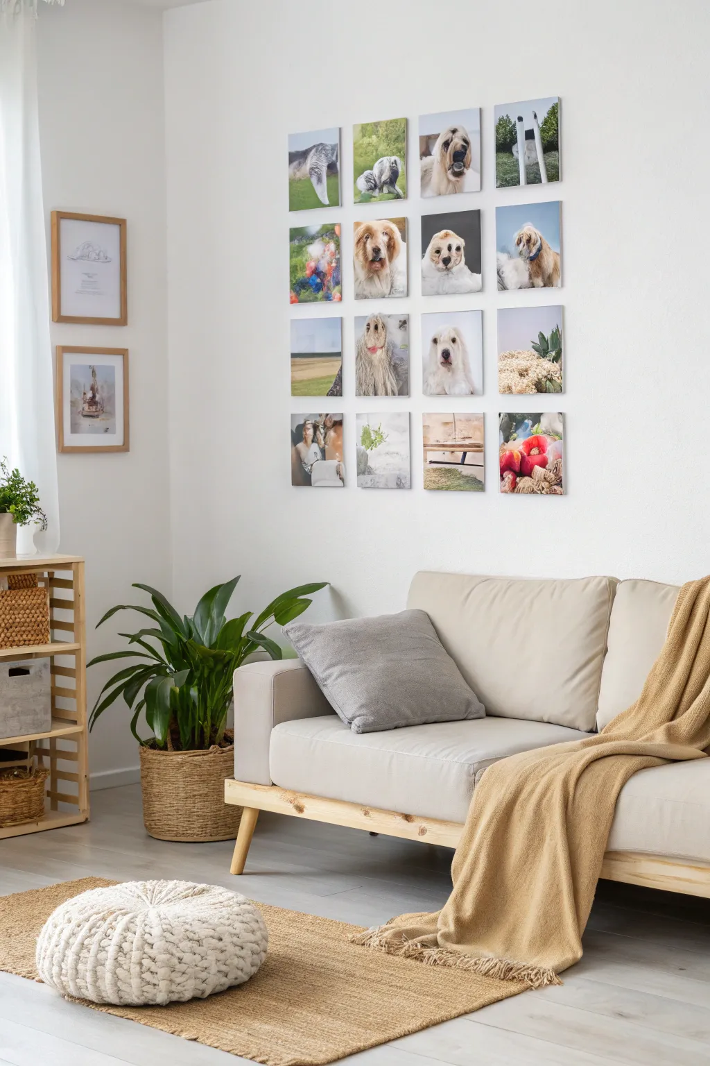 Capture the joy of your furry companions with a pet portrait collage that brings warmth and smiles to your minimalist oasis.