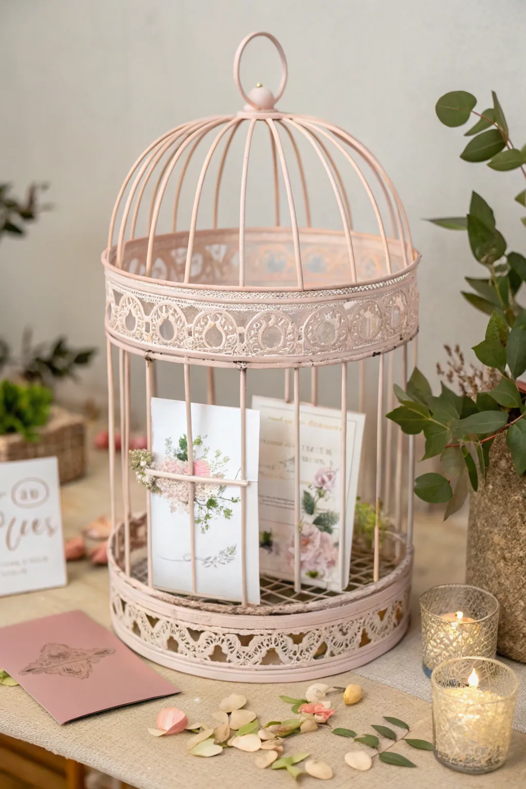 Transform vintage into vogue with this charming birdcage card holder, perfect for a boho-inspired baby shower.