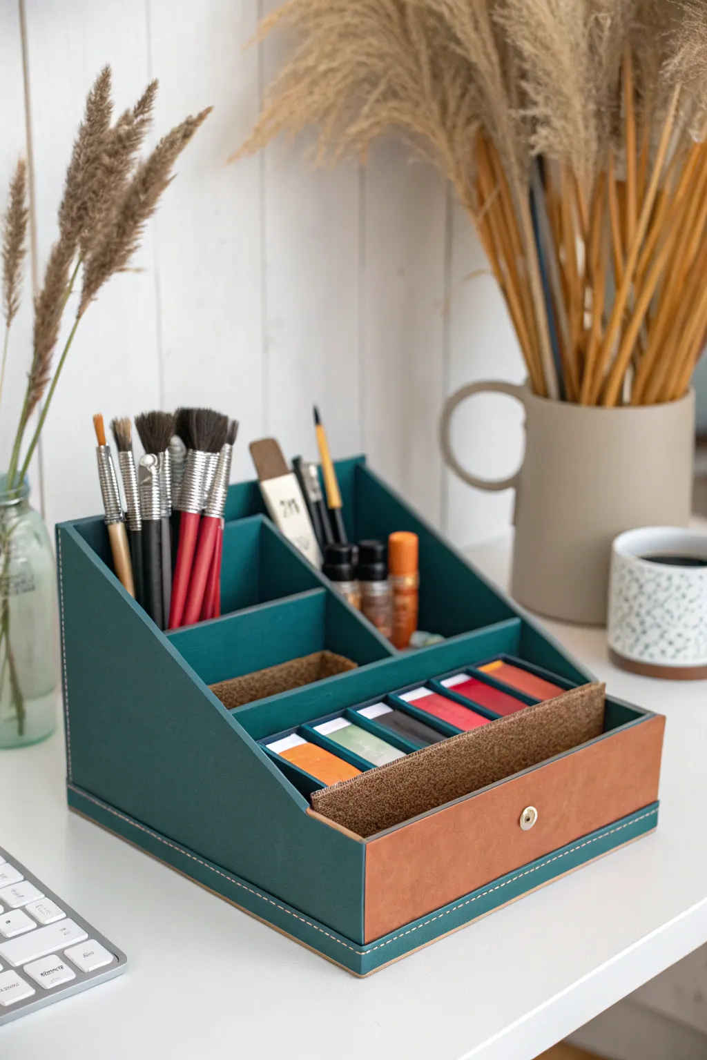 Elevate your workspace with this chic DIY cardboard organizer, where art meets functionality. 🌿🎨 #ScandiBoho #Craftsmanship