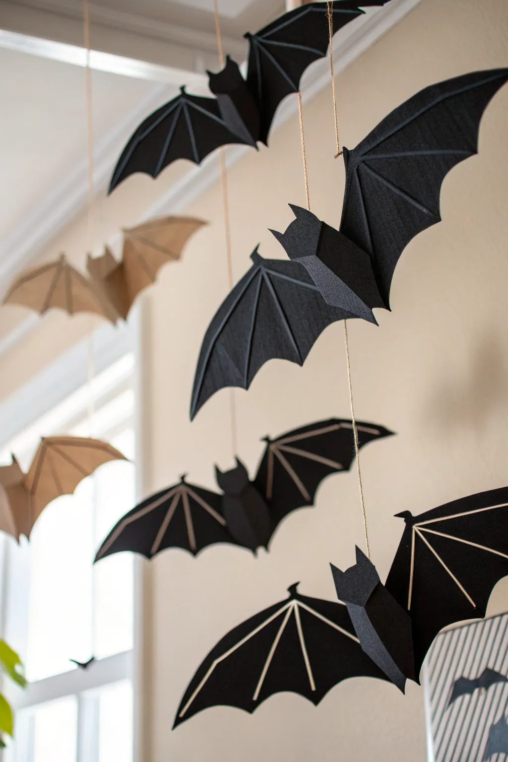 Elevate your Halloween decor with a chic and eerie touch – handcrafted cardboard bat mobiles that dance in the breeze!