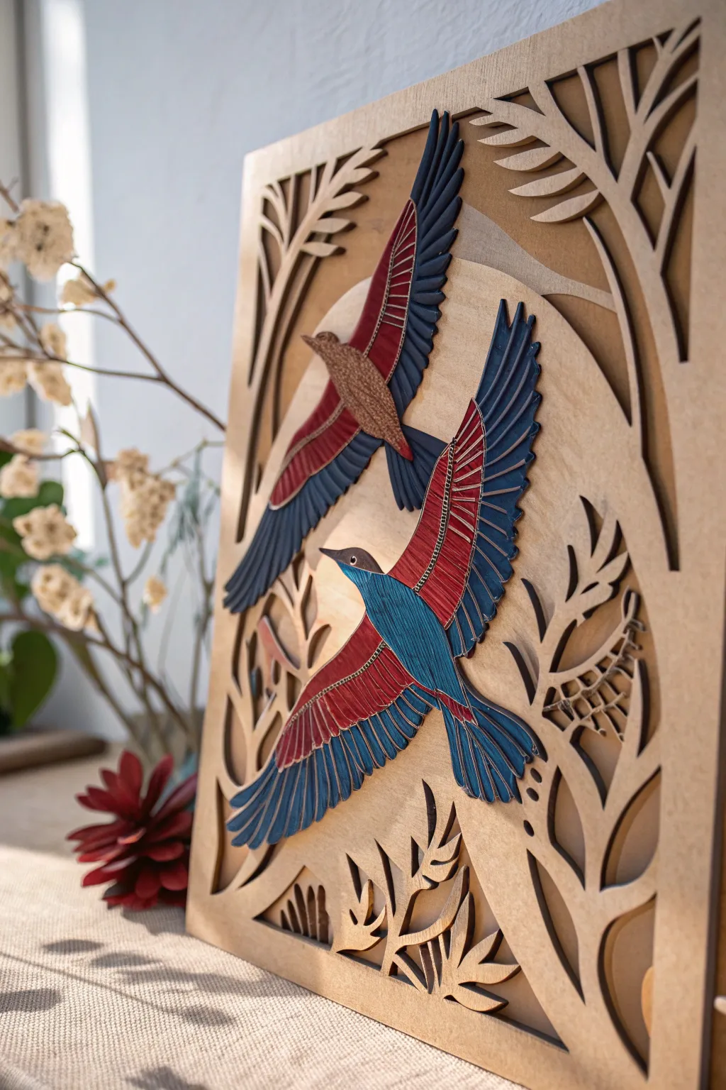 Elevate your space with the elegance of flight: a vibrant cardboard sculpture for the modern minimalist.