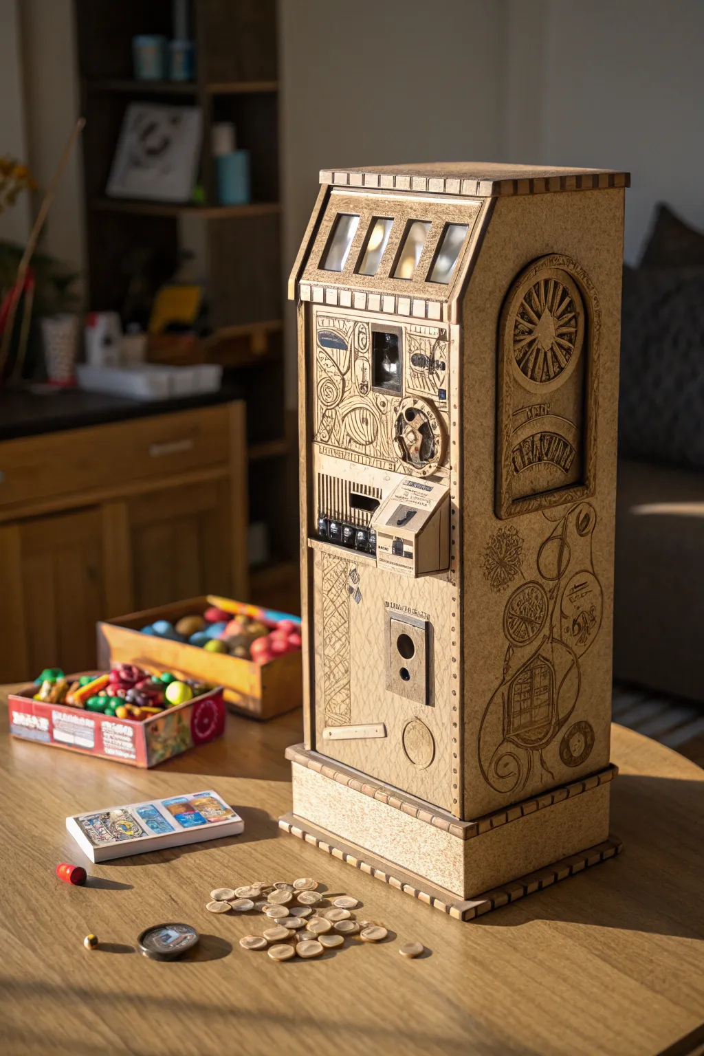 Discover the joy of surprise with this handcrafted cardboard toy dispenser.