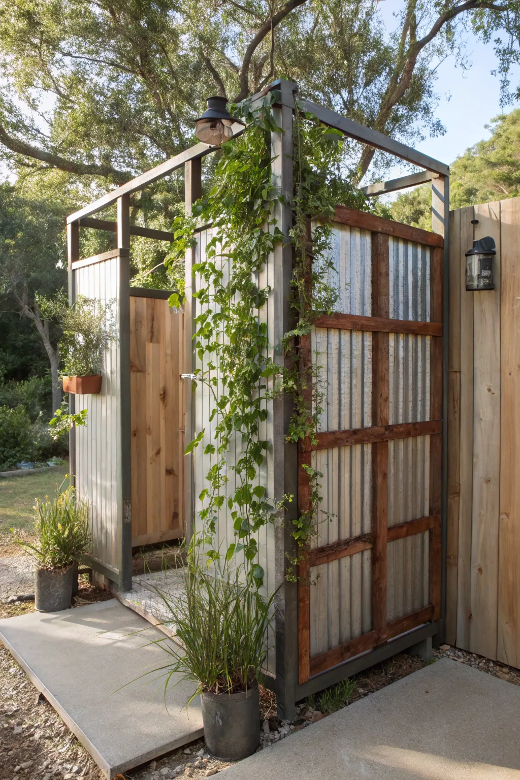 Transform your outdoor space with this stylish cattle panel shower, where craftsmanship meets nature.