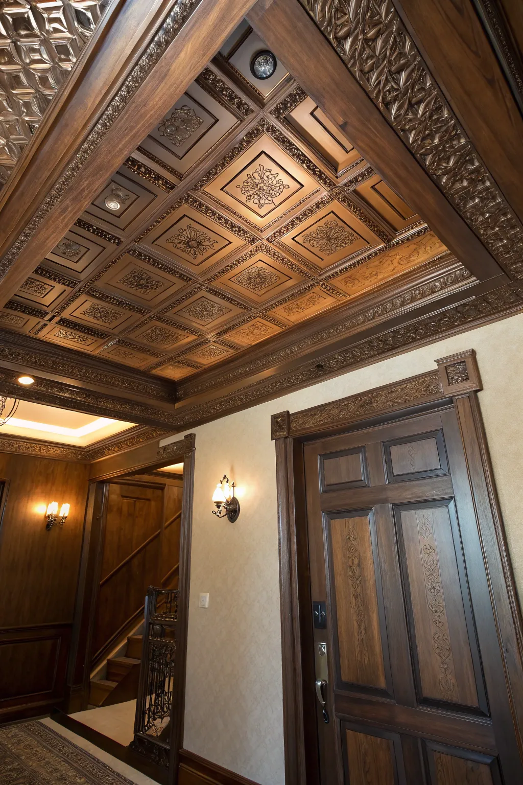 Unlock the mystery of elegance with a hidden attic door in a coffered ceiling masterpiece.