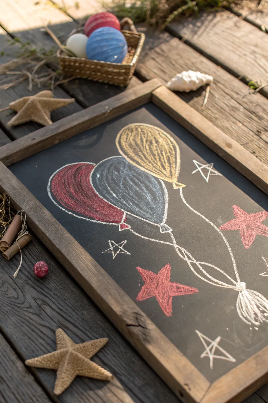 Elevate your day with these charming balloon and star chalk designs - a perfect blend of color and simplicity for a touch of whimsical elegance.