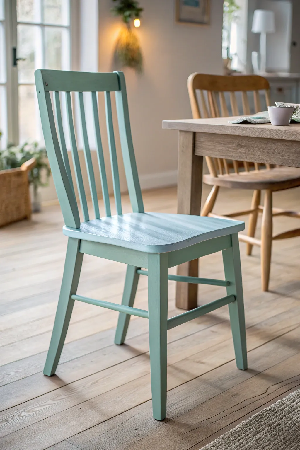 Transform your dining space with the elegance of chalk-painted chairs in serene blue and green hues.