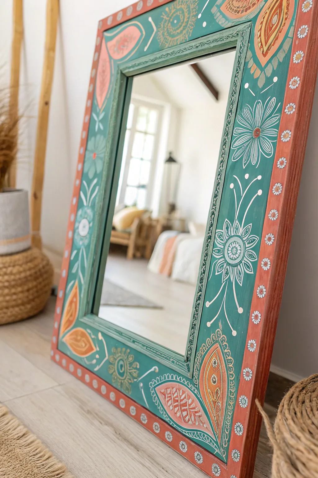 Add a splash of bohemian charm to your space with a vibrant chalk-painted mirror frame.