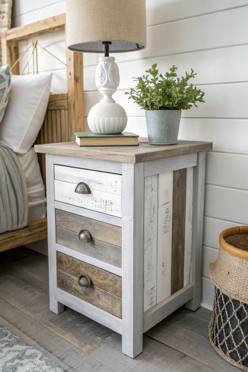 Transform your nightstand with rustic charm using layered chalk paint for a faux reclaimed wood look.