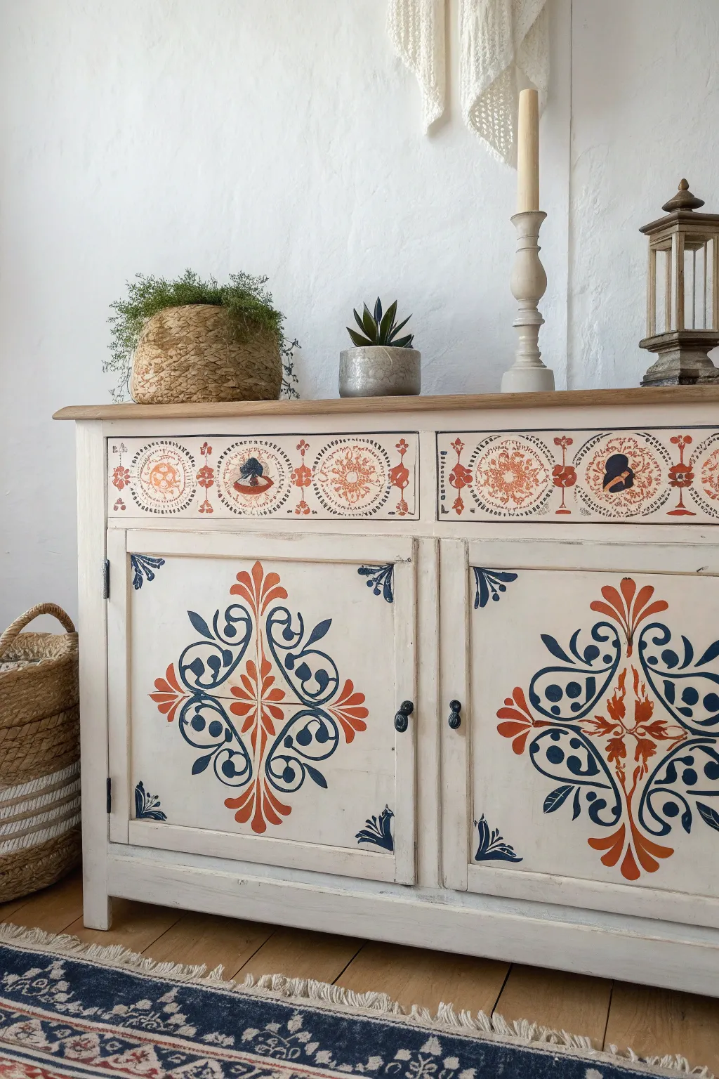 Transform your space with a touch of artistry—stenciled designs bring your buffet to life with bold contrasts and vintage charm.