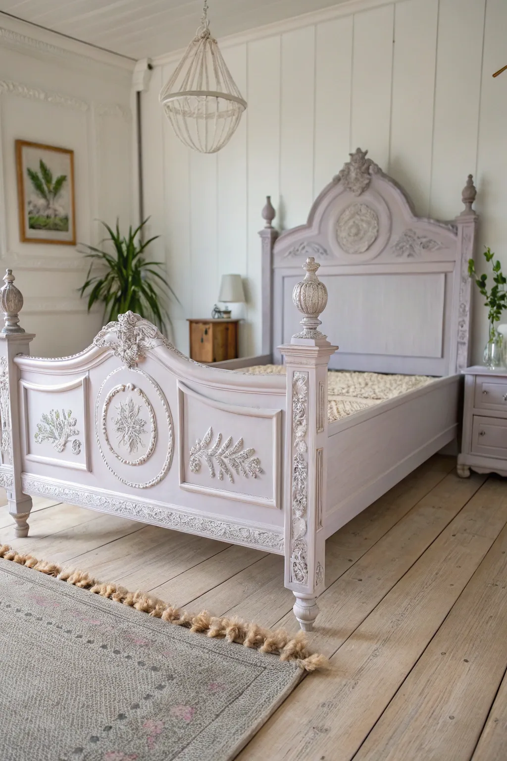 Transform your space with a touch of shabby chic elegance—this lavender-painted antique bed frame is the perfect blend of charm and simplicity.