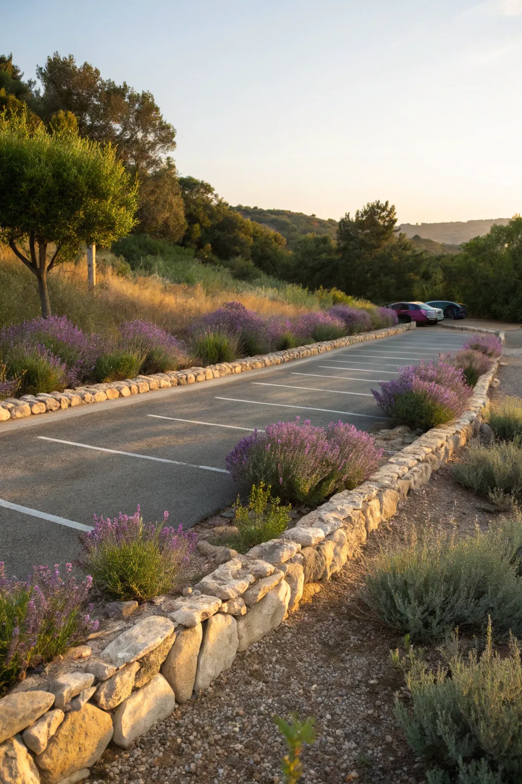 A harmonious blend of nature and functionality: Discover the elegance of a lavender-edged parking pad.