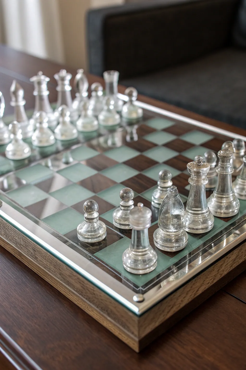 Discover the elegance of a glass and metal chess board - where modern design meets timeless craftsmanship.