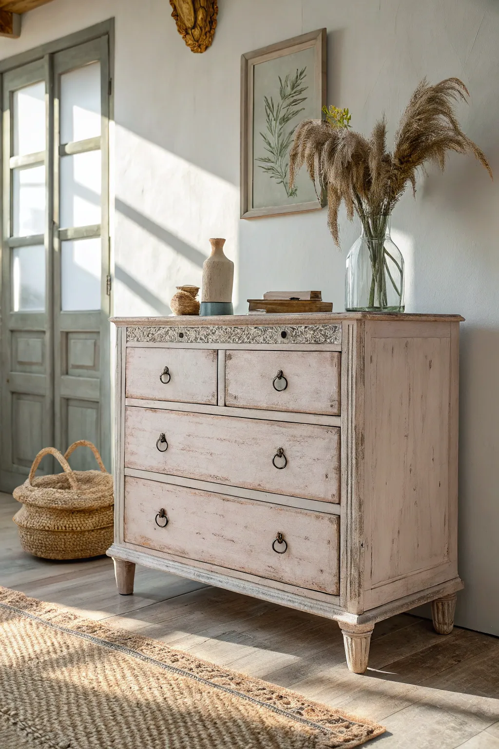 Embrace the charm of yesteryears with a distressed painted chest, adding vintage elegance to your minimalist space.
