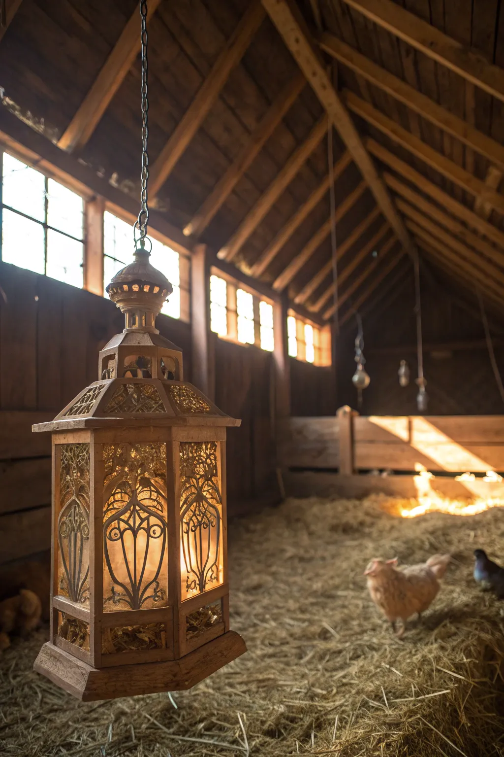 Illuminate your coop with charm: Perfect lighting for happy hens and rustic vibes.