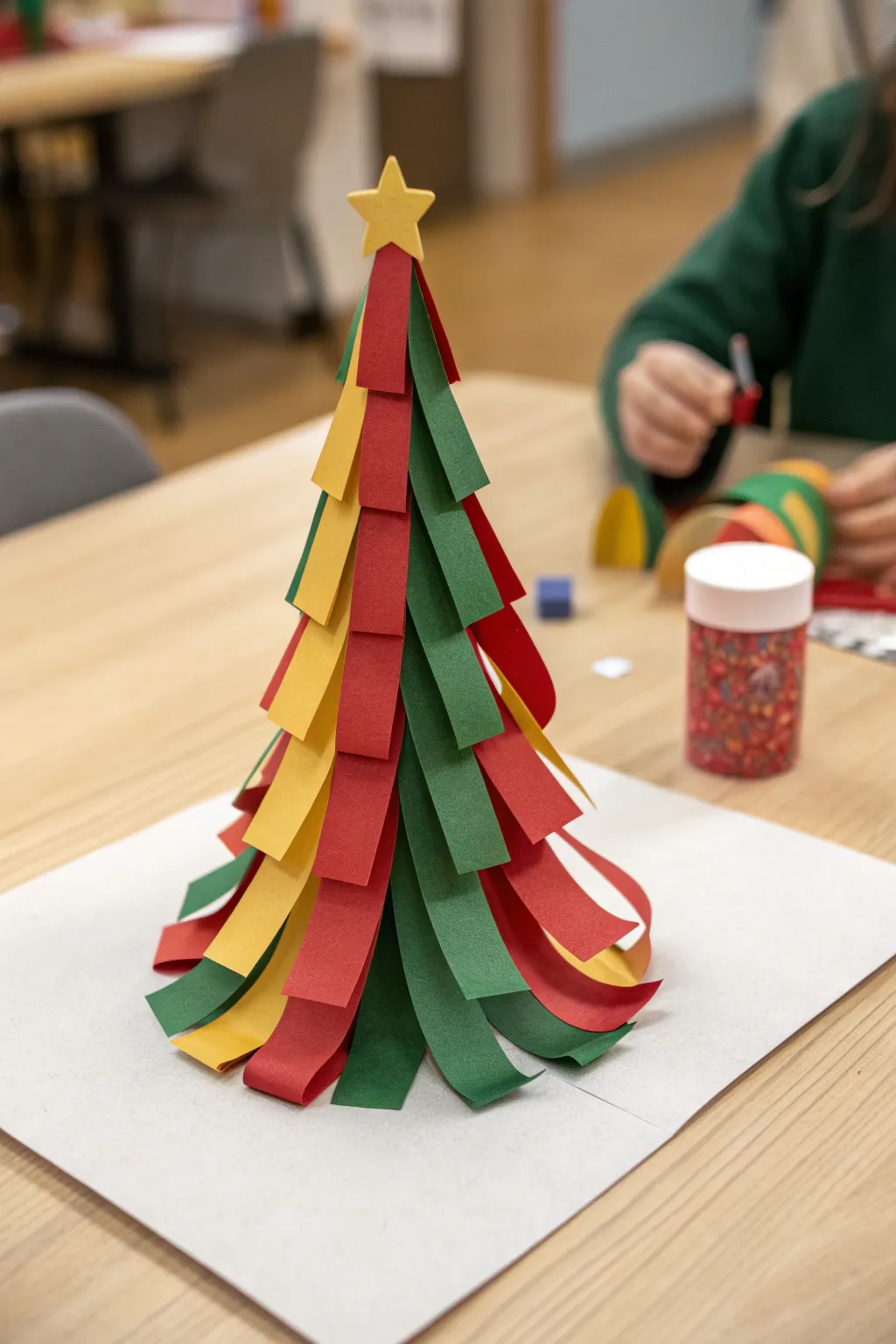 Crafting Joy: Little hands create vibrant paper strip Christmas trees, blending Scandinavian simplicity with a splash of Boho color.