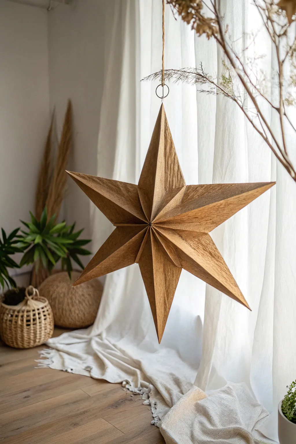 Embrace rustic elegance with handcrafted paper bag stars, perfect for a minimalist Boho Christmas.