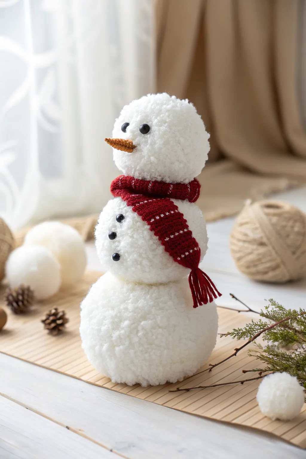 Create your own charming pom pom snowman with a touch of Scandinavian elegance!