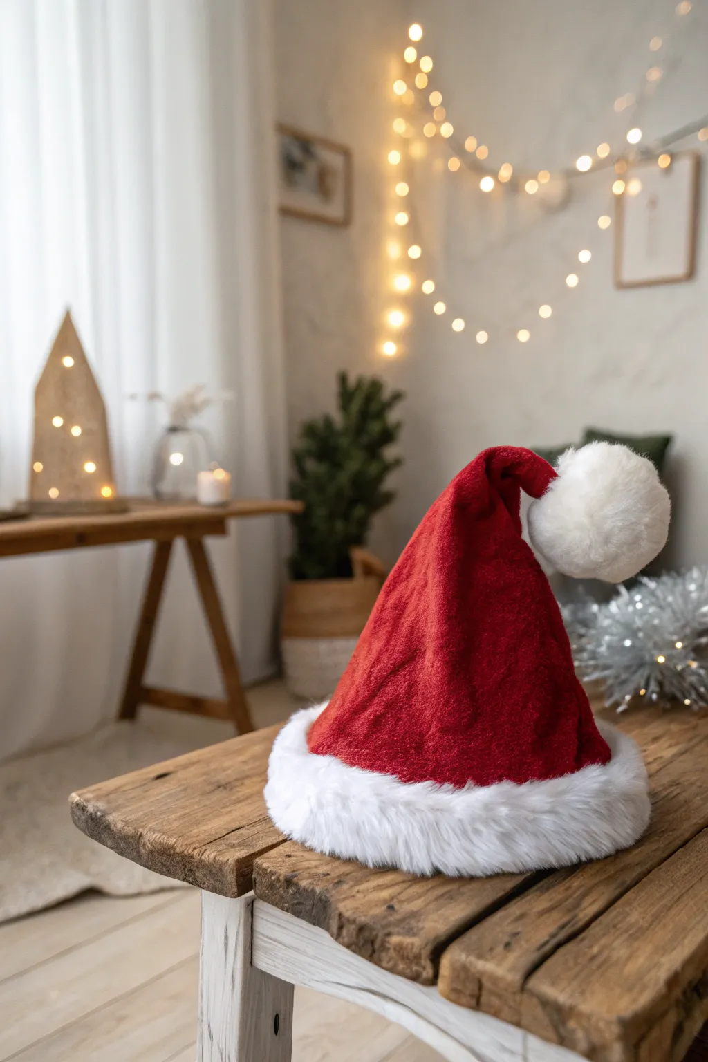 Add a touch of festive charm with a beautifully crafted Santa hat, perfect for cozy holiday moments.
