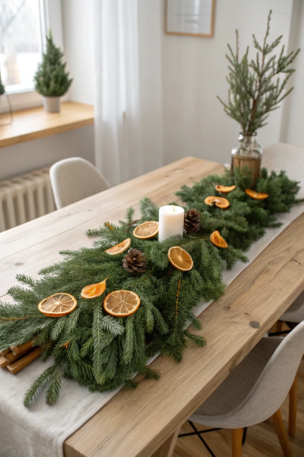 Embrace natural elegance this Christmas with a DIY evergreen and orange table runner.