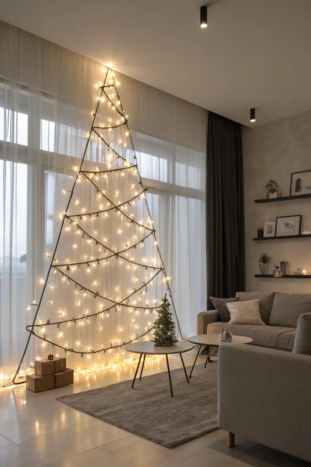 A wall-mounted tree offers a unique and space-saving holiday decoration.