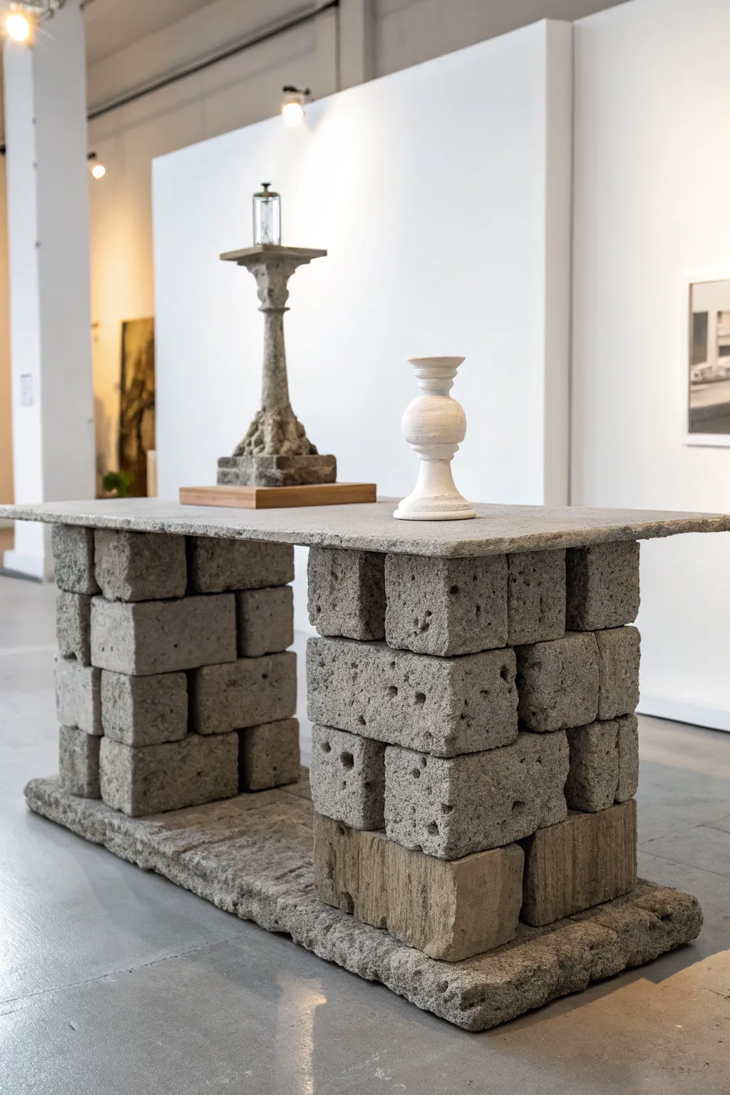Elevate your art with a cinder block display table—where industrial meets elegance.
