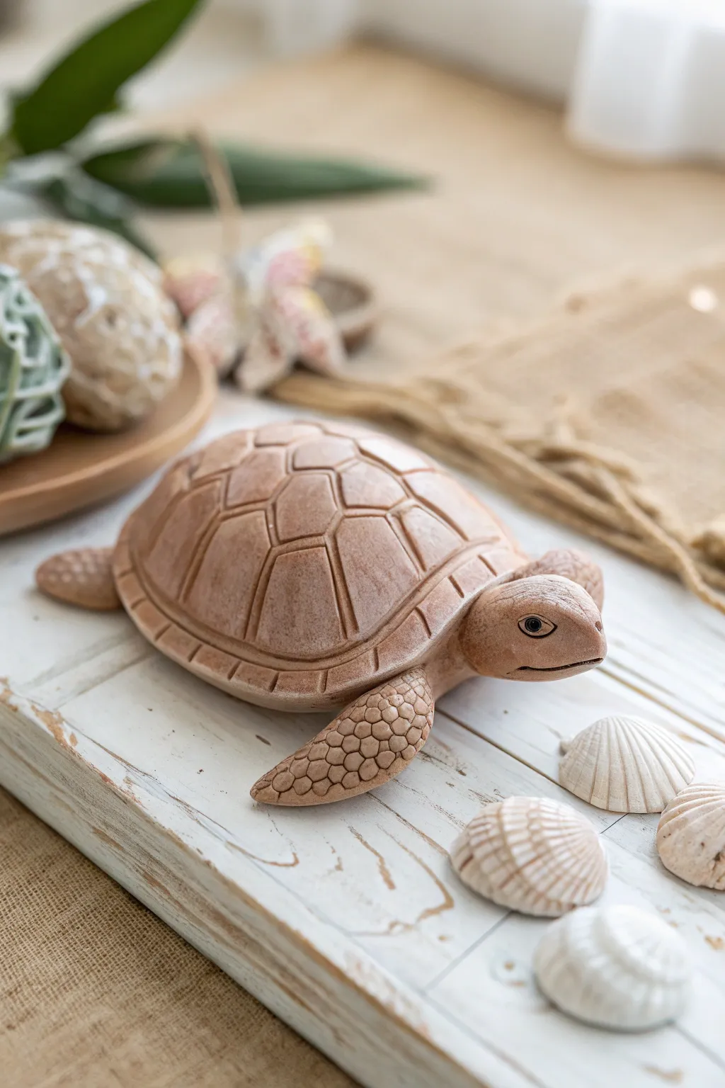 Embrace the charm of handcrafted elegance with this minimalistic clay turtle design.