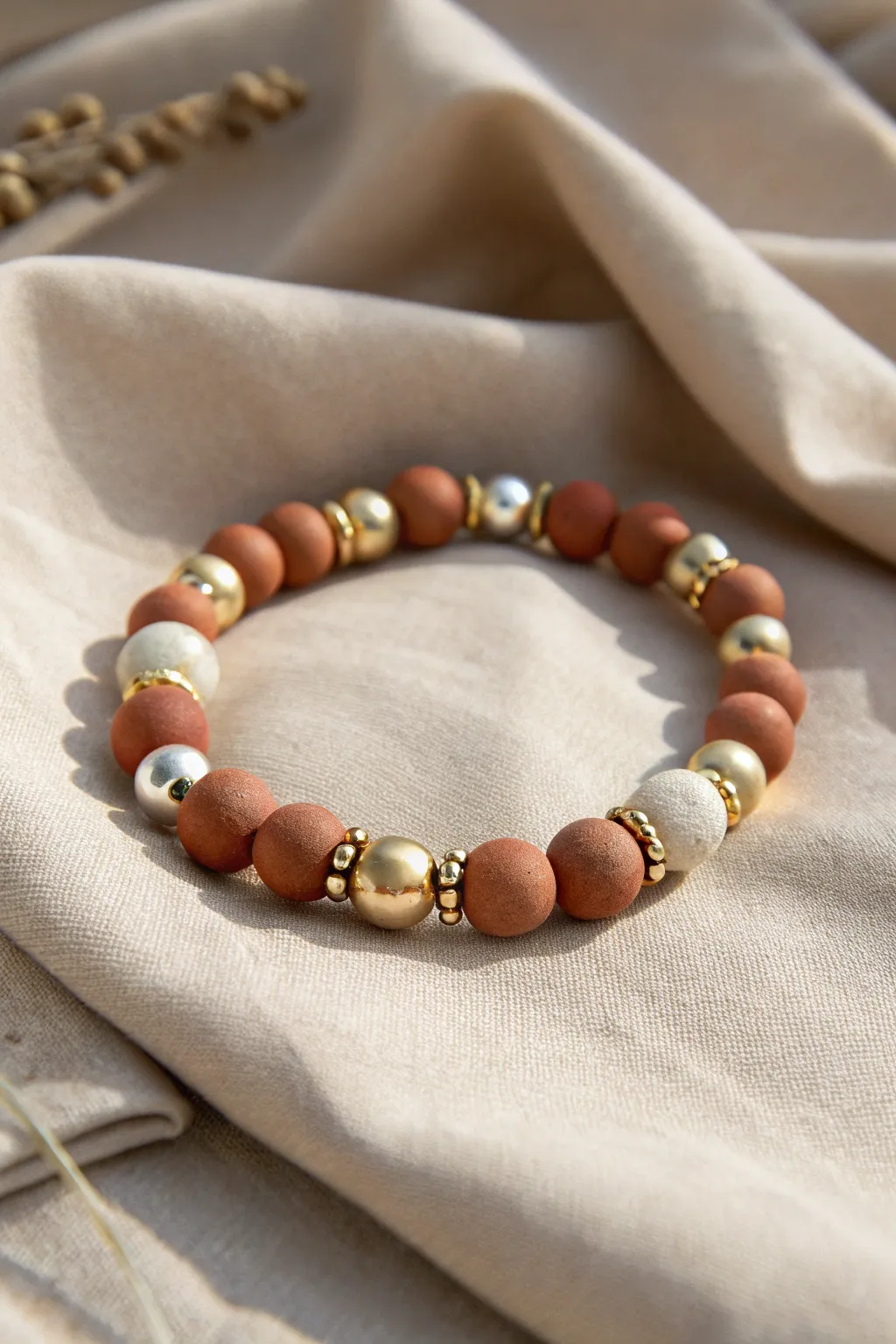 Elevate your style with the perfect blend of earthy clay beads and elegant metallic accents. #MinimalistChic #ScandiBoho
