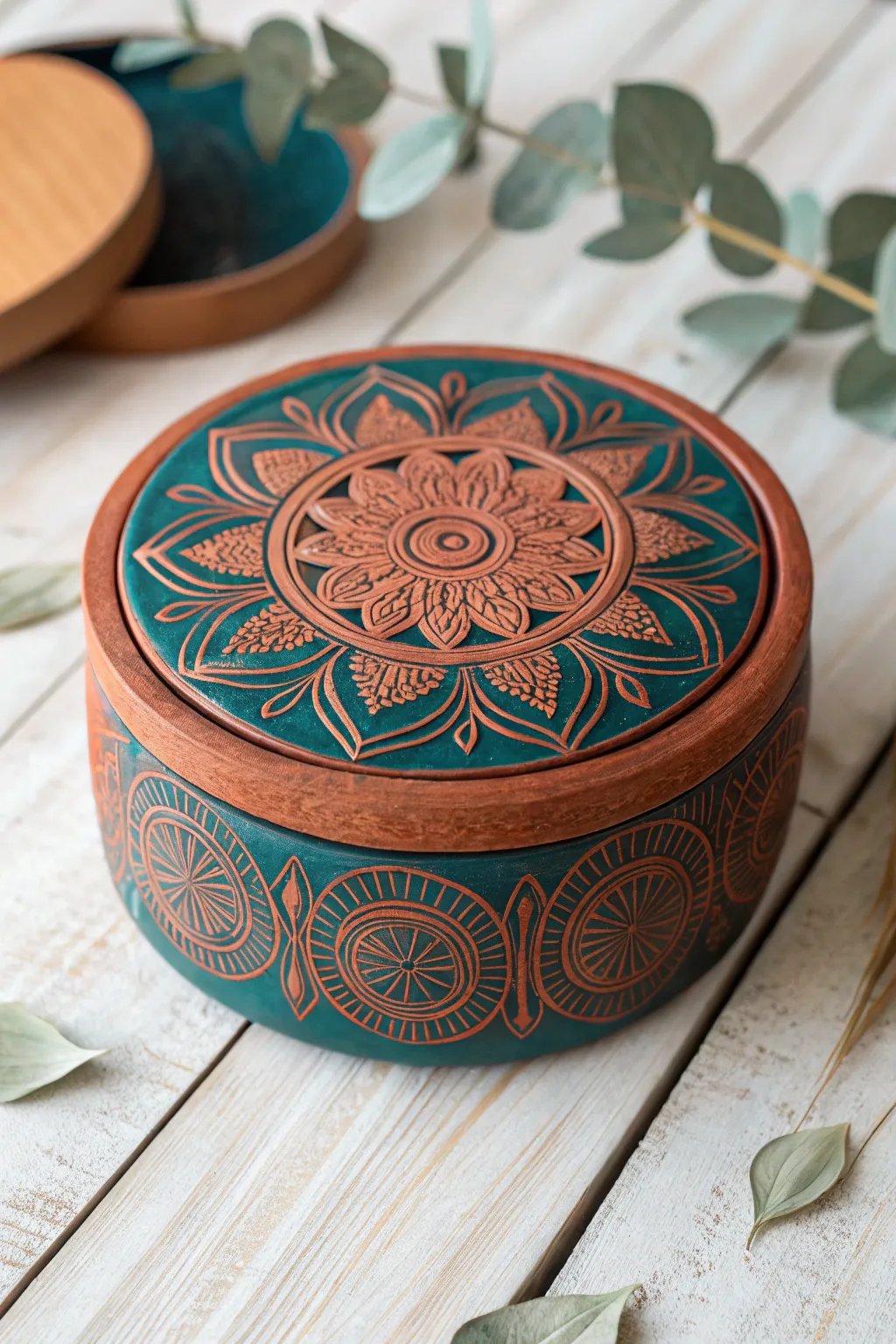 Discover tranquility through art with this intricately designed mandala clay box. Perfect for adding a touch of bohemian elegance to your space.
