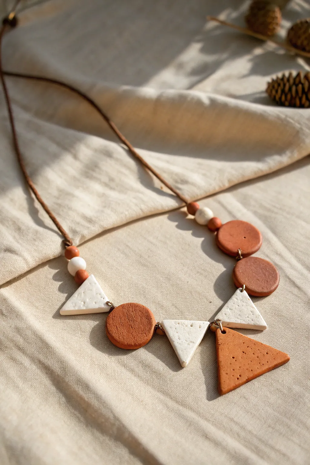 Explore the art of geometry with this stunning clay necklace—where minimalist design meets boho elegance.