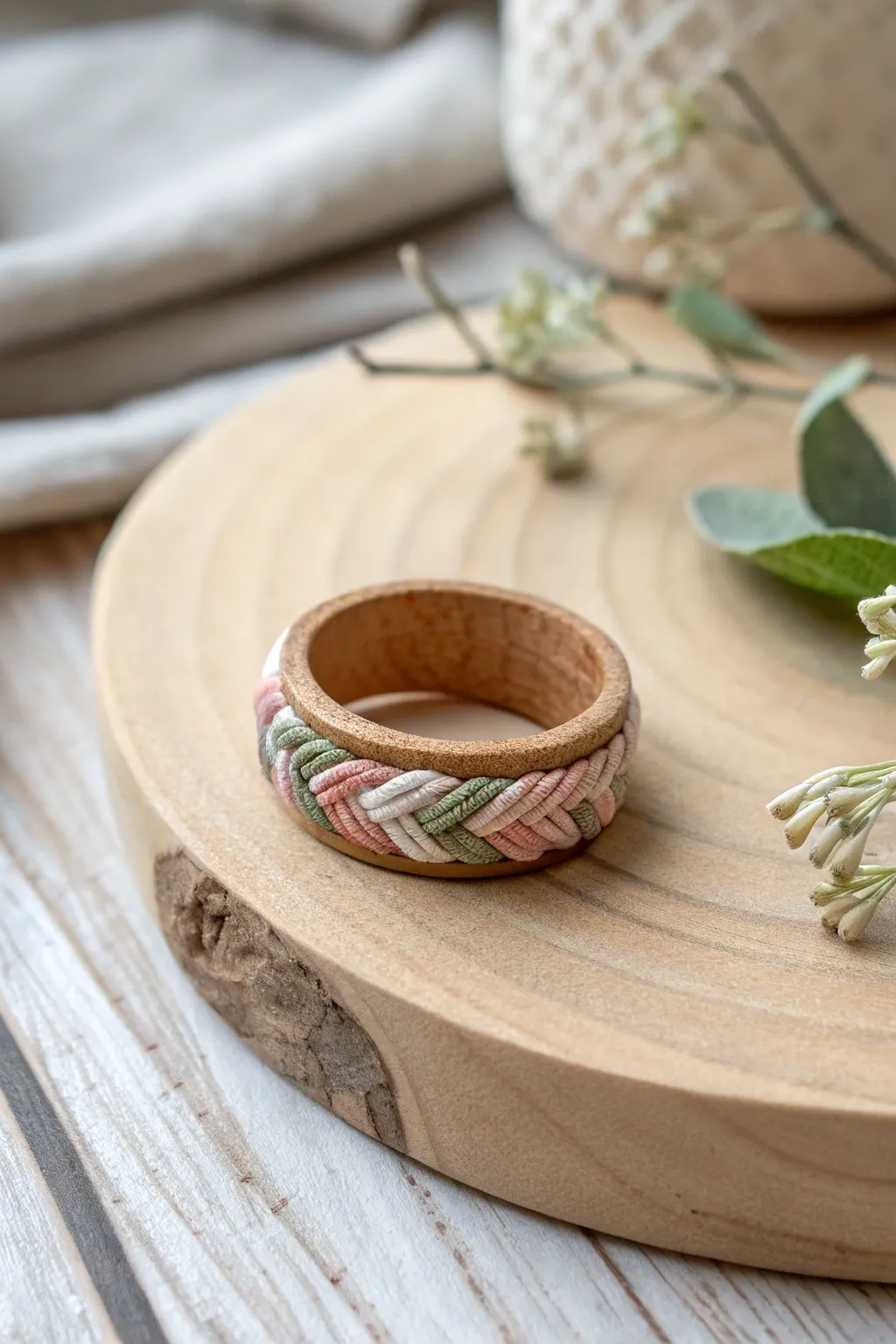 Elevate your style with a unique clay ring adorned with woven threads, where simplicity meets boho elegance.