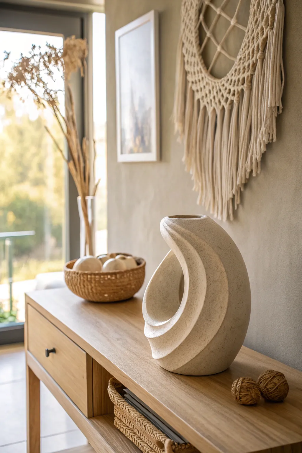 Elevate your entryway with an elegant abstract clay sculpture that captures the essence of simplicity and artistry.