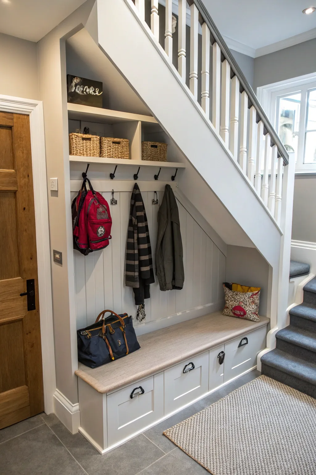 Transform under-stairs space into a functional and stylish cloakroom.