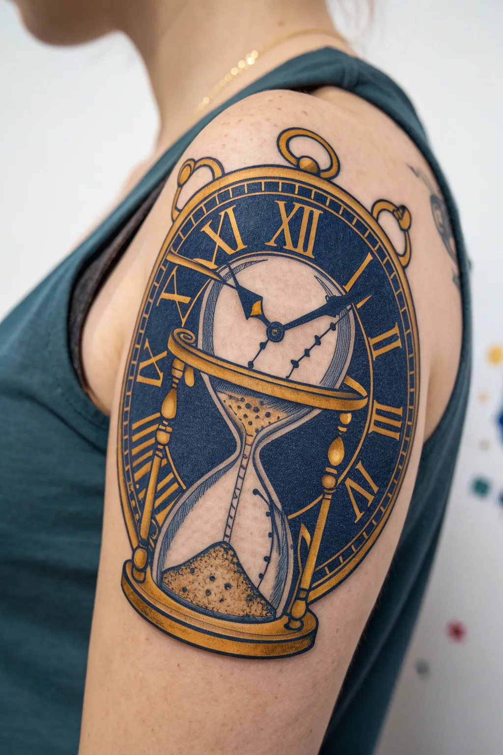 Timeless Elegance: Embrace the beauty of every moment with this stunning clock and hourglass tattoo.