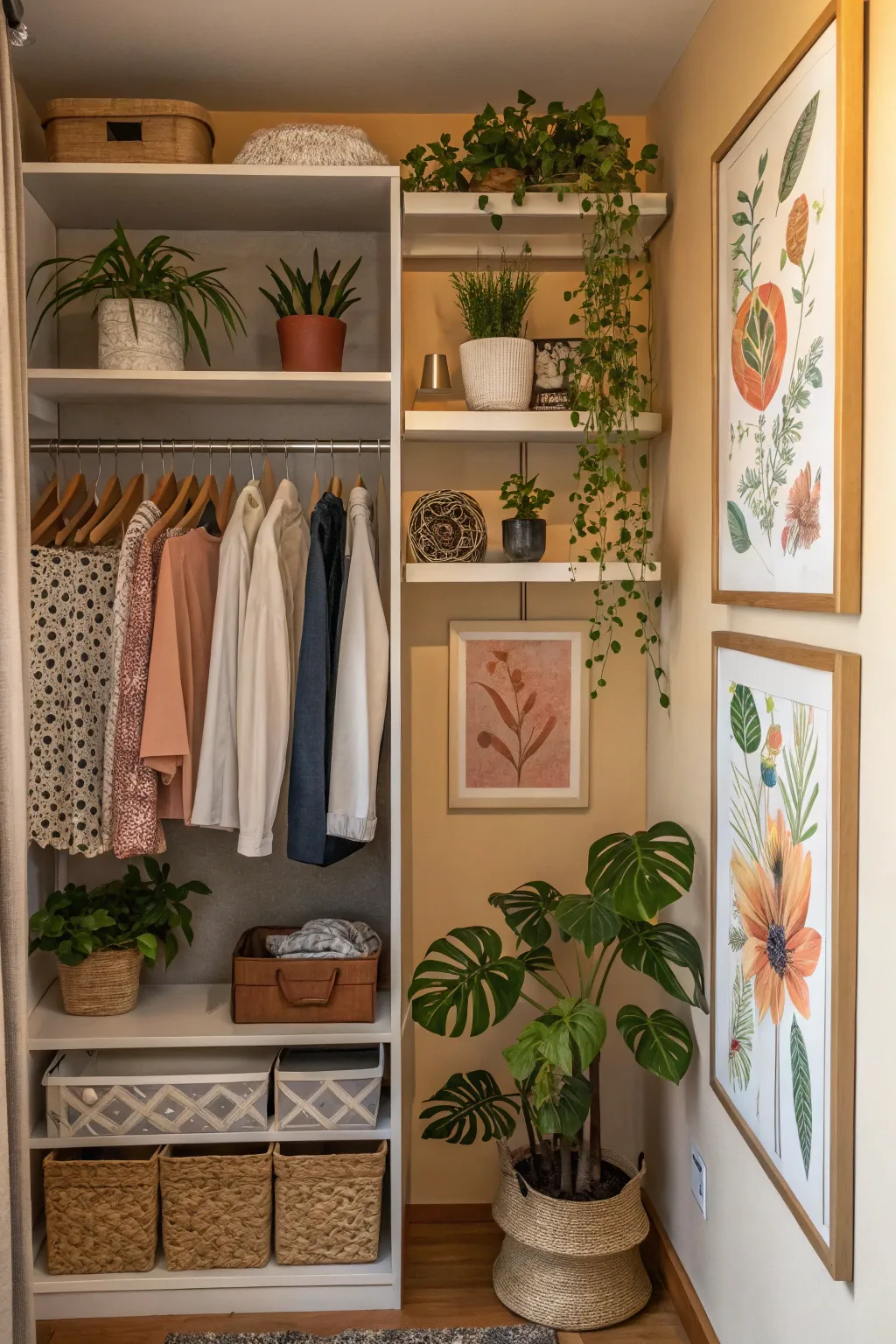 Closet personalized with decorative elements like plants and artwork.